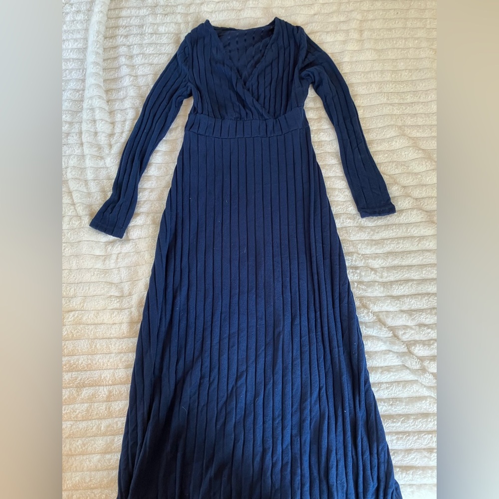 Ribbed Navy blue Long Sleeve maxi Dress